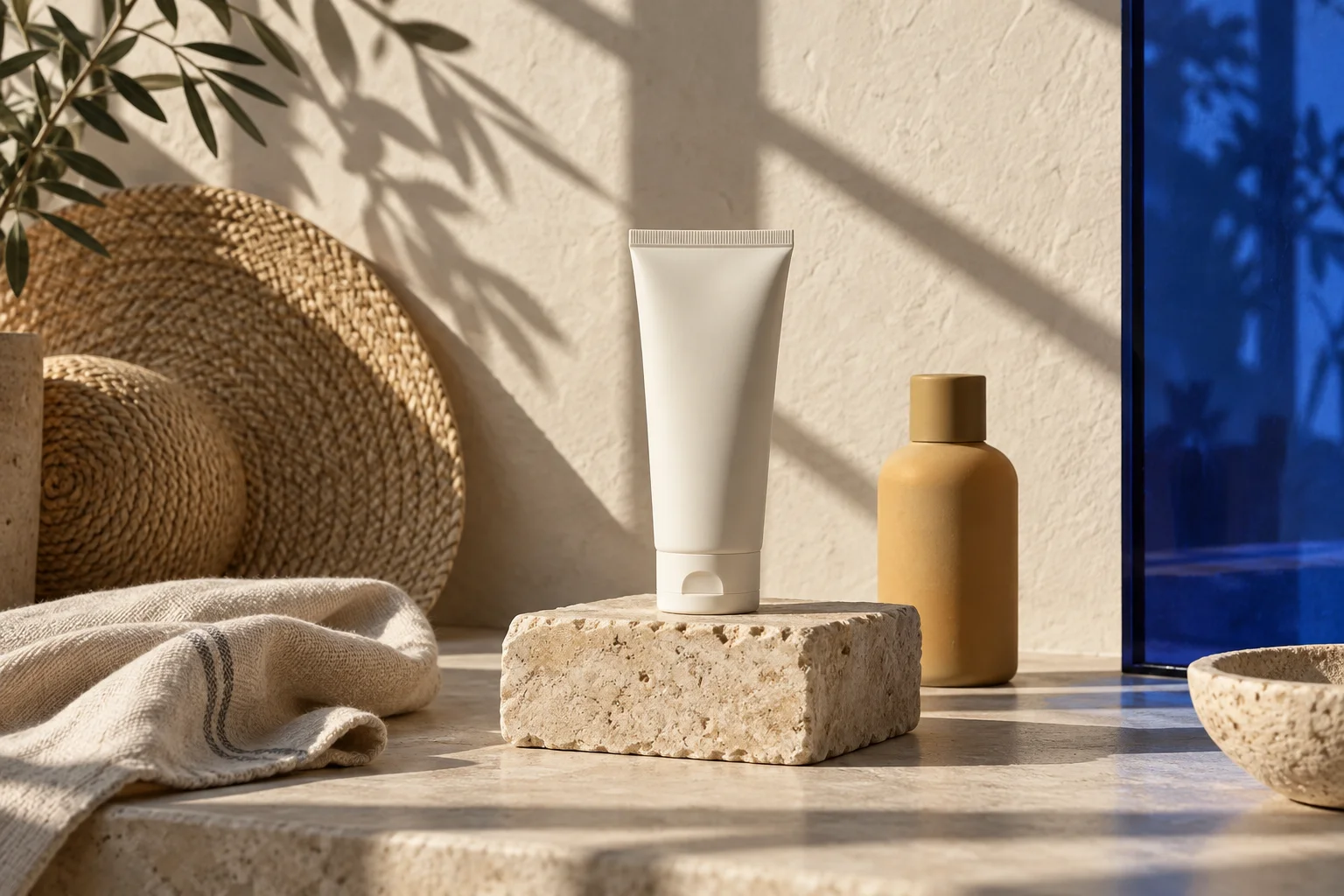 Unbranded ivory tube and ochre bottle with a sun hat, limestone and architectural window shadows